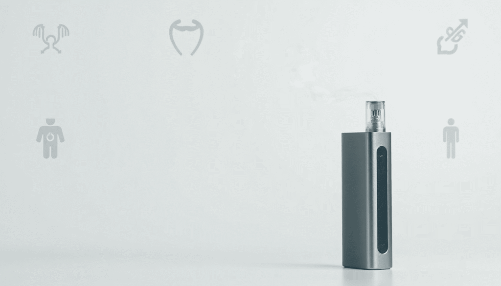 A sleek modern e-cigarette emitting vapor with icons of male hormones and health on a neutral background, illustrating vaping's impact on testoster...