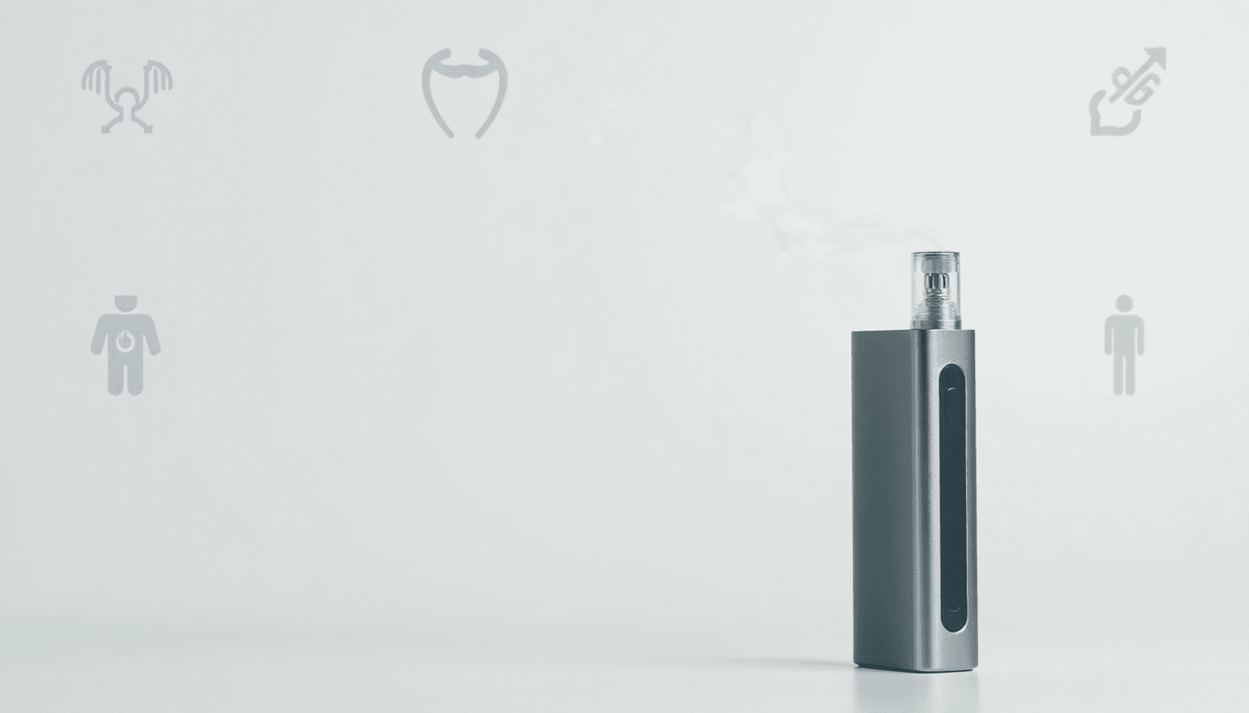 A sleek modern e-cigarette emitting vapor with icons of male hormones and health on a neutral background, illustrating vaping's impact on testoster...