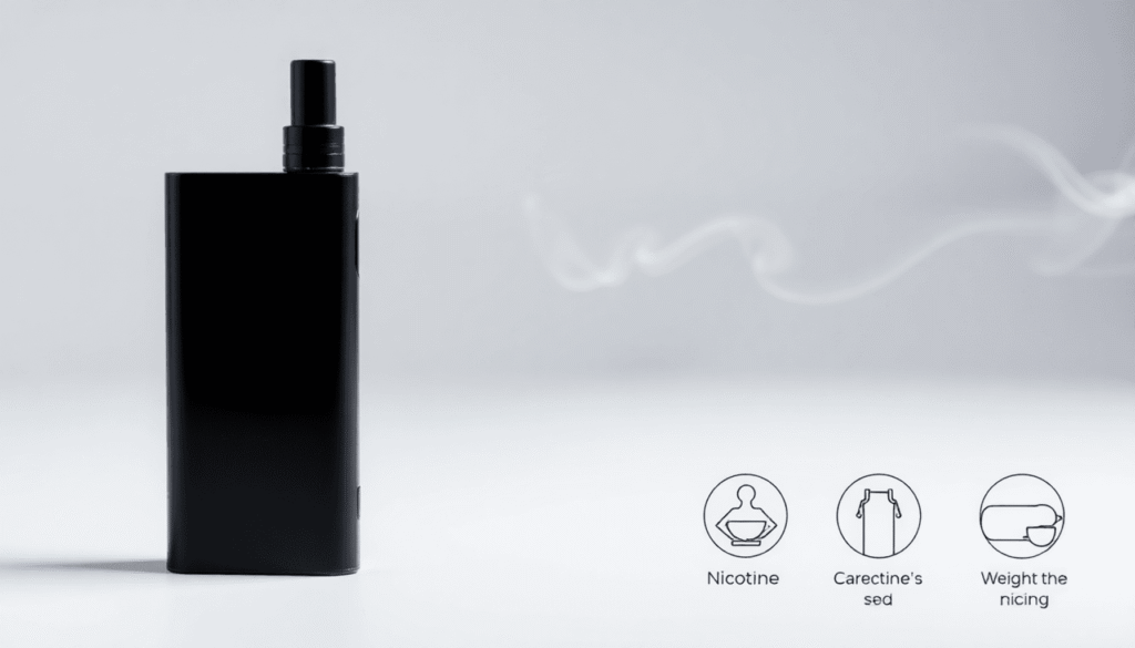 A sleek modern vape device releasing smooth vapor with subtle icons for appetite and weight management on a clean, minimal background.