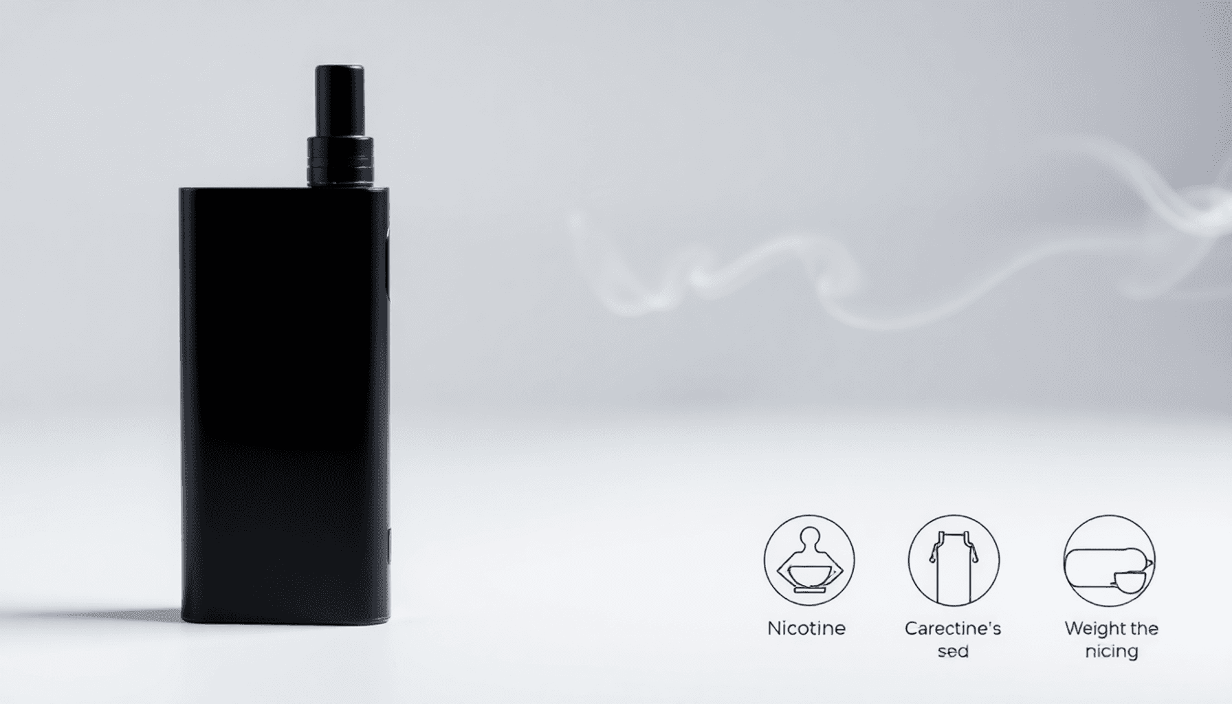 A sleek modern vape device releasing smooth vapor with subtle icons for appetite and weight management on a clean, minimal background.