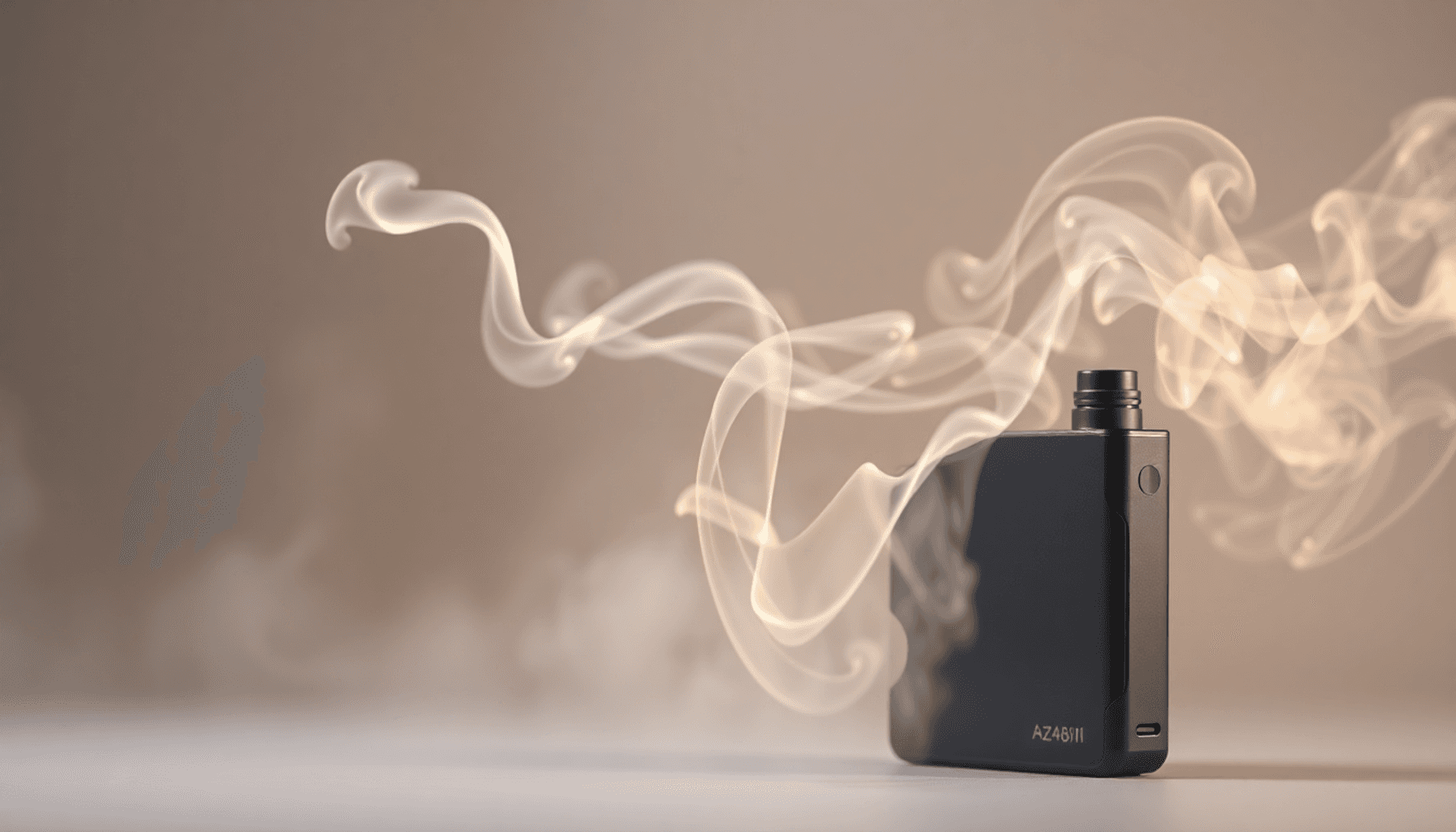 A sleek vape device releasing swirling vapor against a calm, abstract background representing anxiety relief and mental balance.