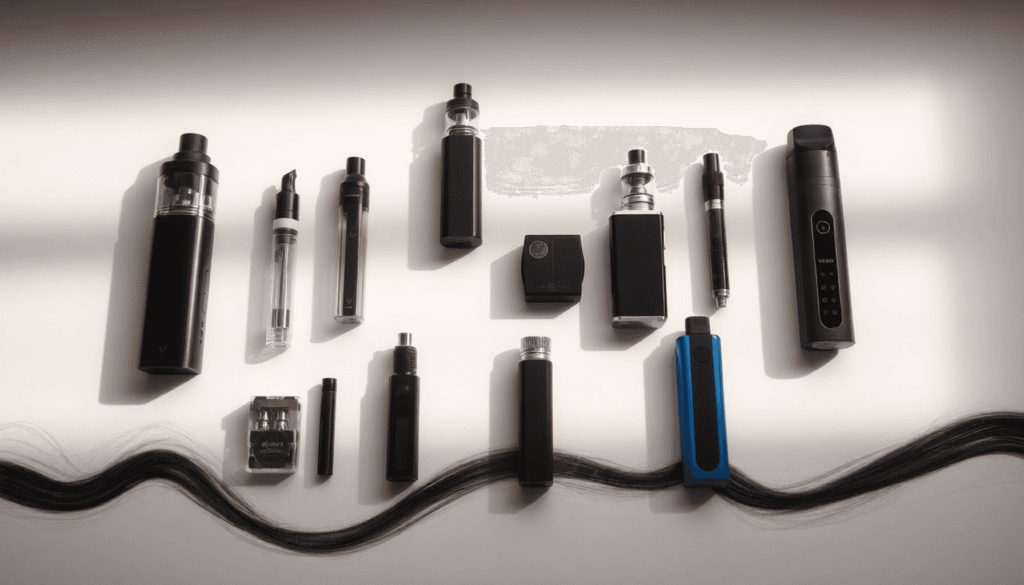 A variety of vaping devices arranged on a clean surface with soft lighting, accompanied by delicate hair strand imagery symbolizing vaping and hair...