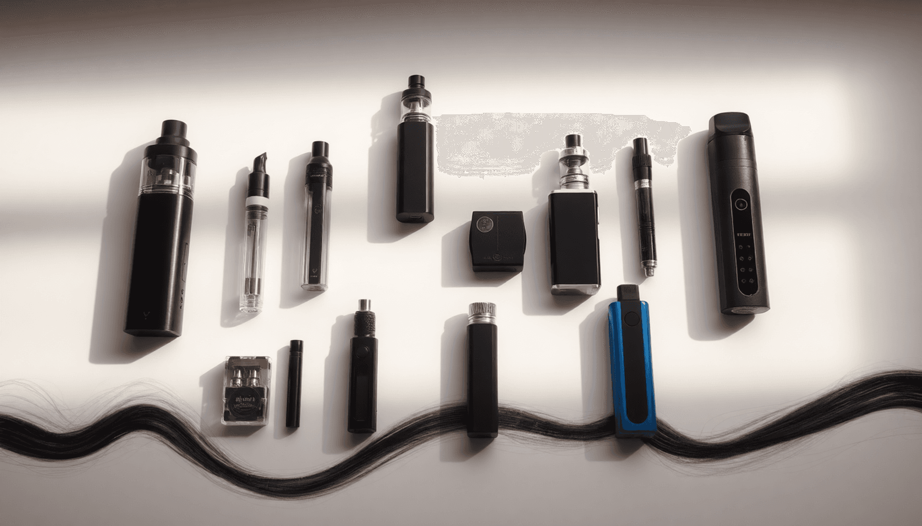 A variety of vaping devices arranged on a clean surface with soft lighting, accompanied by delicate hair strand imagery symbolizing vaping and hair...