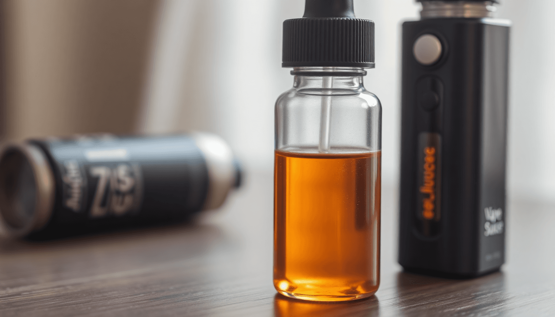 Close-up of a vape juice bottle with amber liquid next to a vaping device on a wooden surface, illuminated by soft natural light.