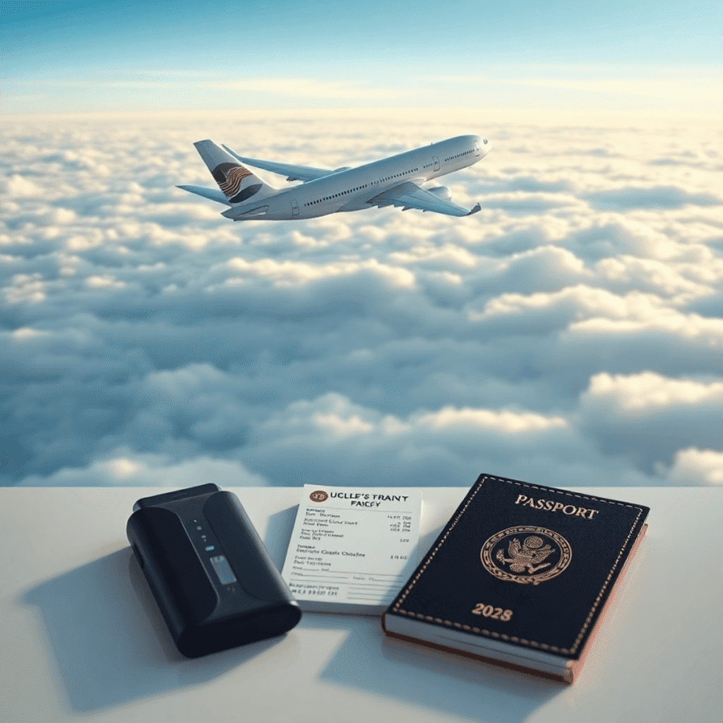 A modern airplane flying above clouds with a vape device, passport, and boarding pass on a clean surface, symbolizing vaping and air travel.