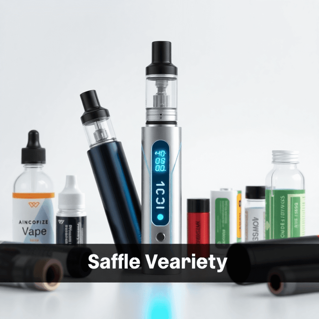A modern vape device with glowing digital display, e-liquid bottles, and batteries on a clean background, highlighting safety and technology in vap...