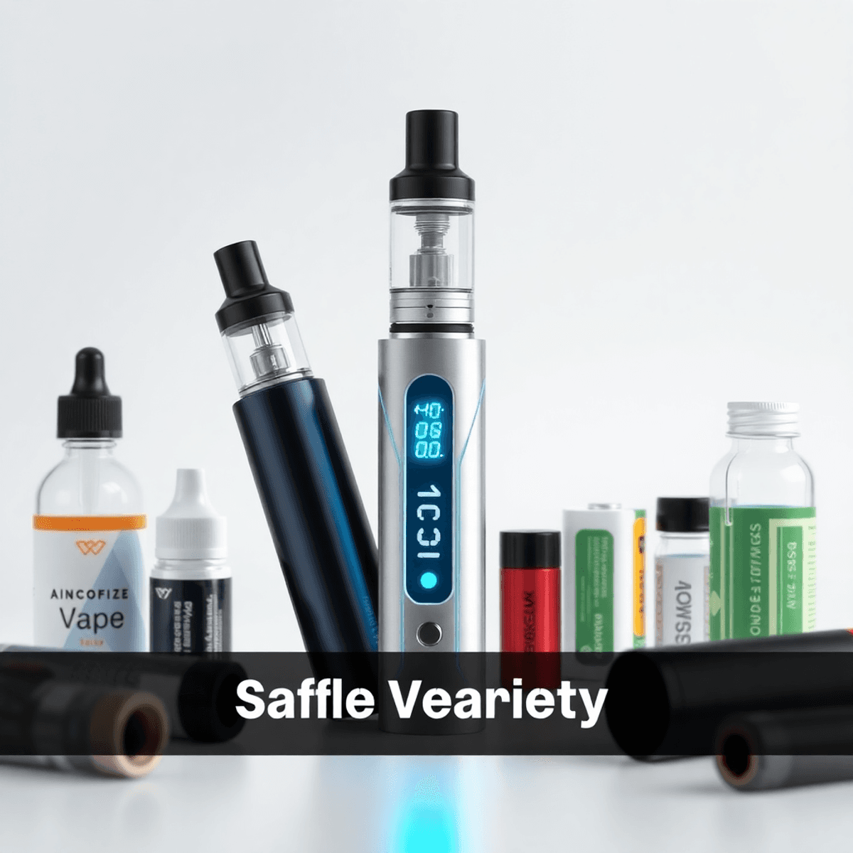 A modern vape device with glowing digital display, e-liquid bottles, and batteries on a clean background, highlighting safety and technology in vap...