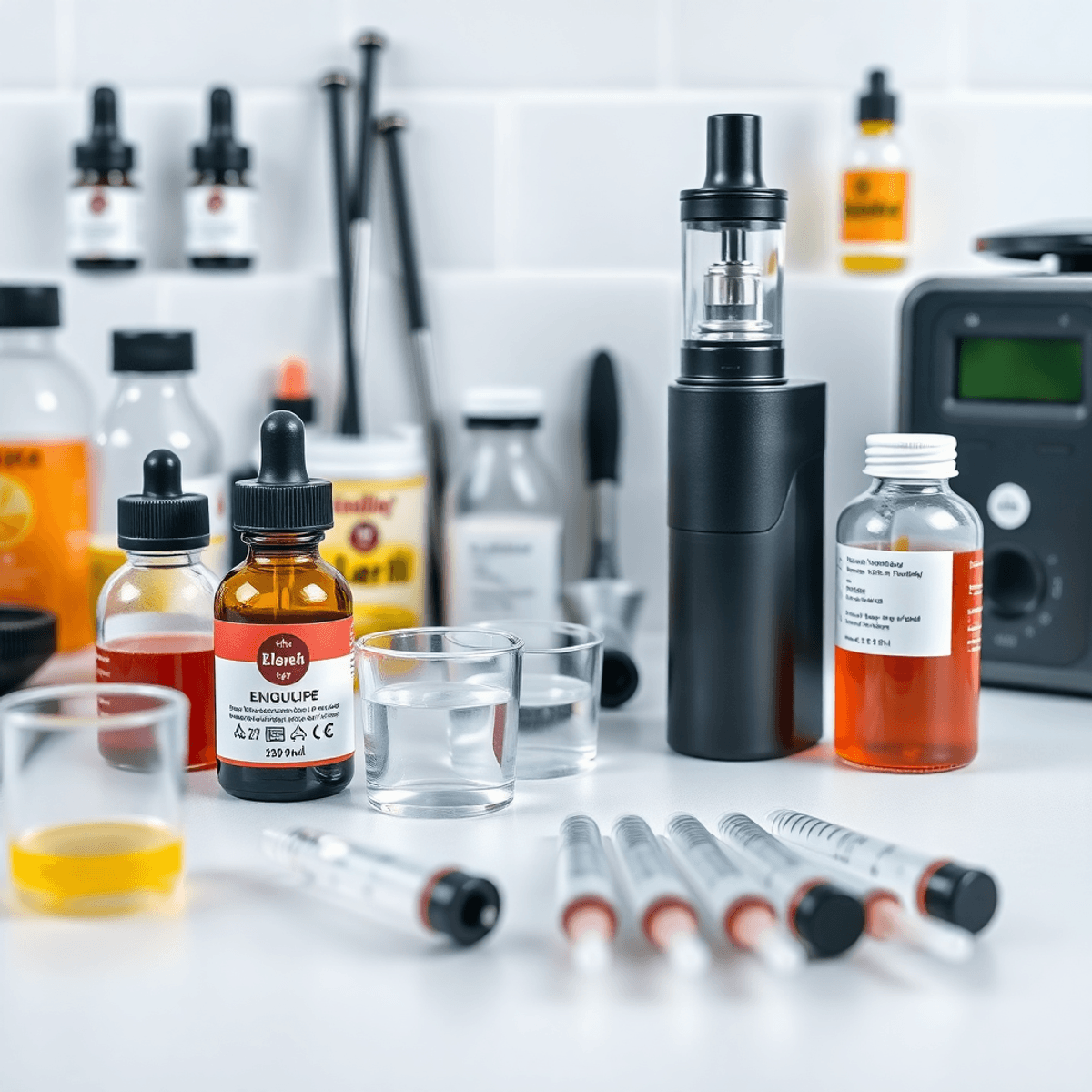 A modern workspace with vaping gear, e-liquid bottles, measuring tools, and flavoring syringes neatly arranged for DIY e-liquid mixing.