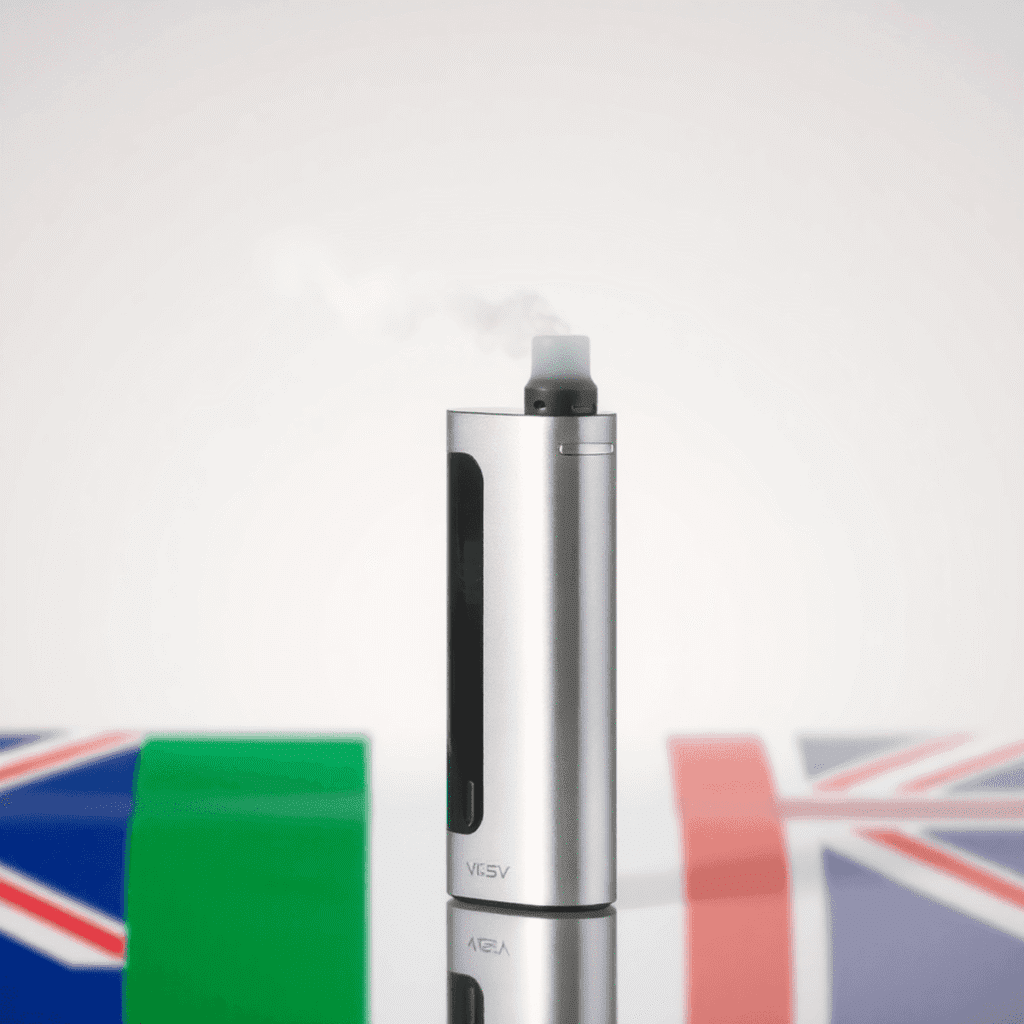 A sleek modern vape device emitting smooth vapor against a clean background with subtle UK flag colors.