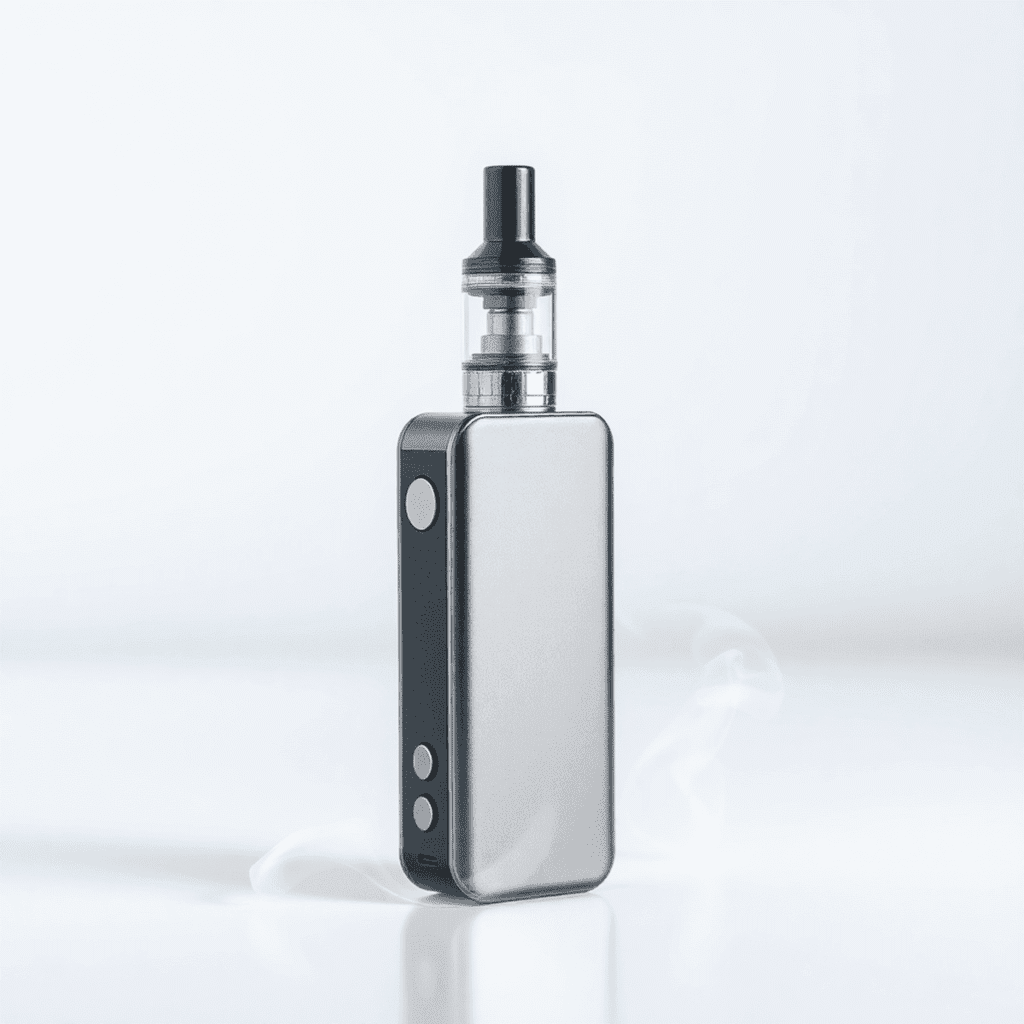 A sleek modern vape device with gentle vapor wisps on a clean, minimalist background.