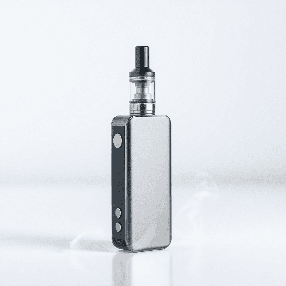 A sleek modern vape device with gentle vapor wisps on a clean, minimalist background.