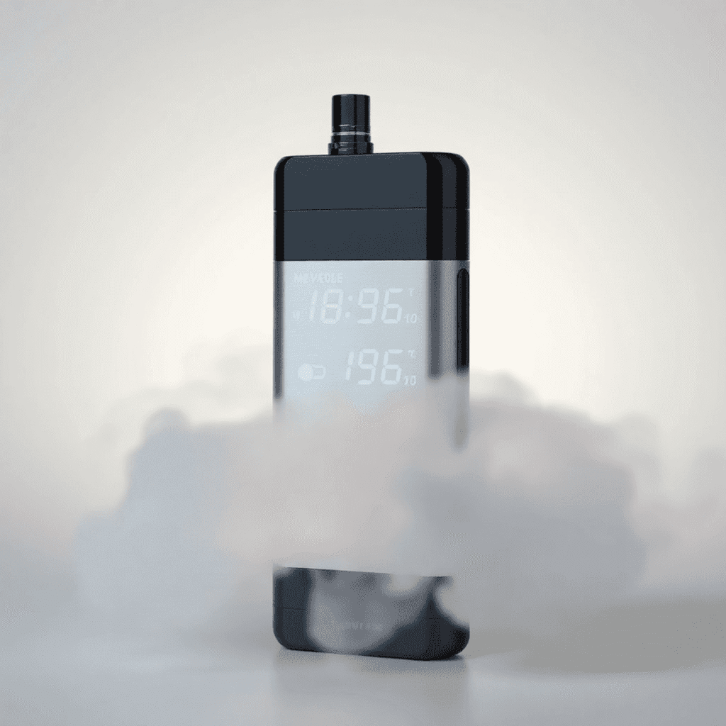 A sleek modern vape device with glowing digital controls emitting smooth vapor clouds on a minimalist background.