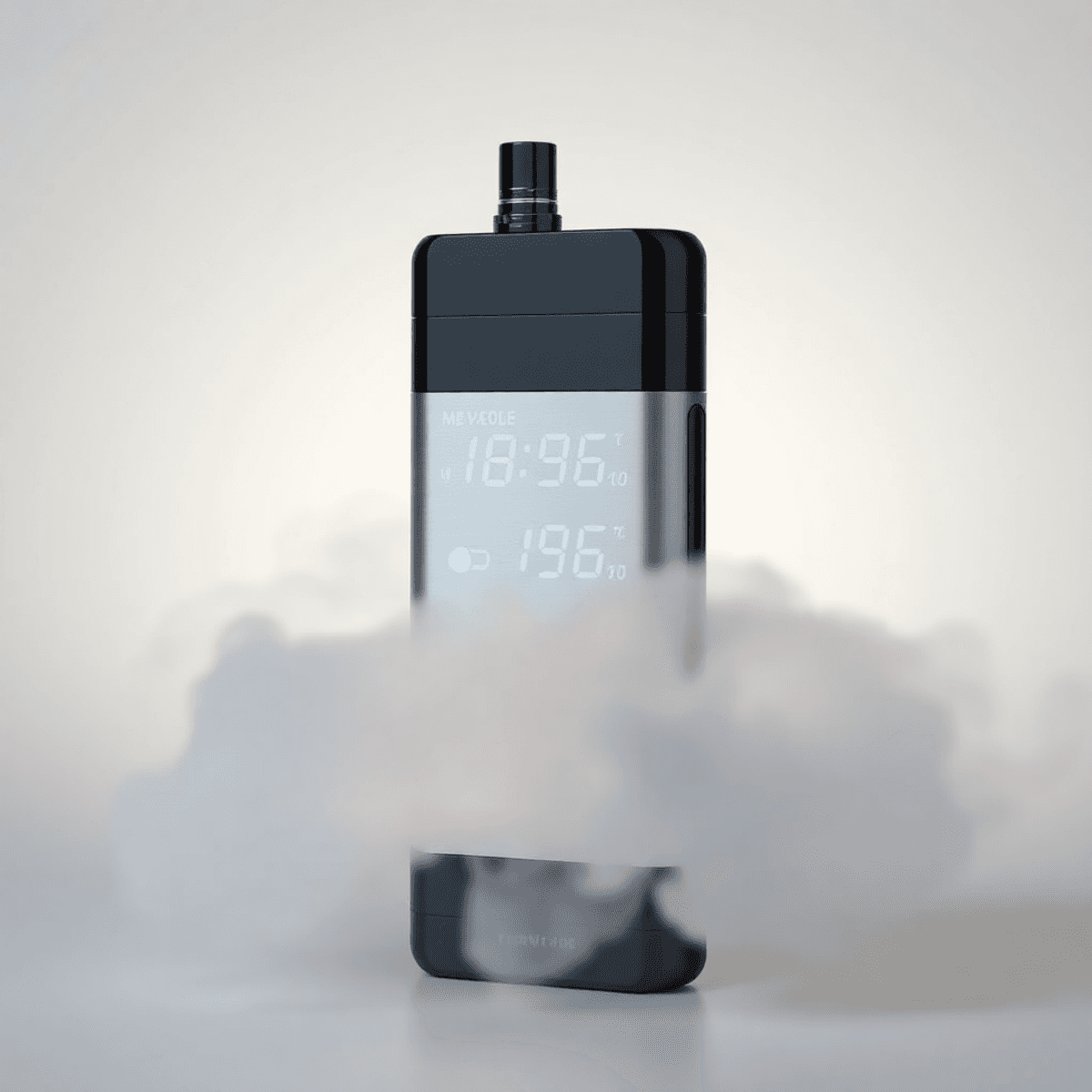 A sleek modern vape device with glowing digital controls emitting smooth vapor clouds on a minimalist background.
