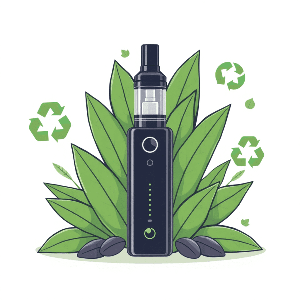 A sleek refillable vape device surrounded by green leaves and recycling symbols on a soft, natural background symbolizing eco-friendly vaping.