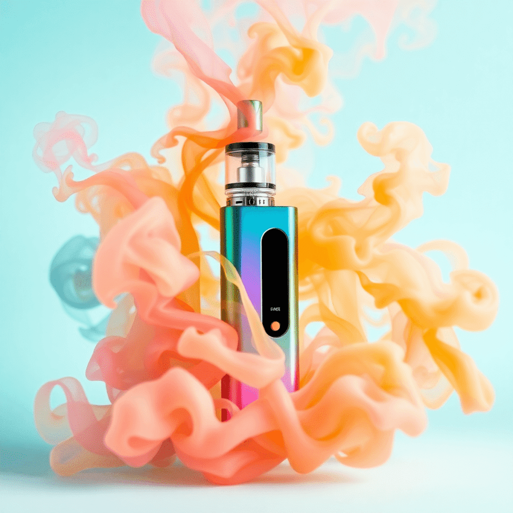 A sleek vape device emitting colorful swirling vapor clouds against a clean, bright background symbolizing fresh, nicotine-free vaping.
