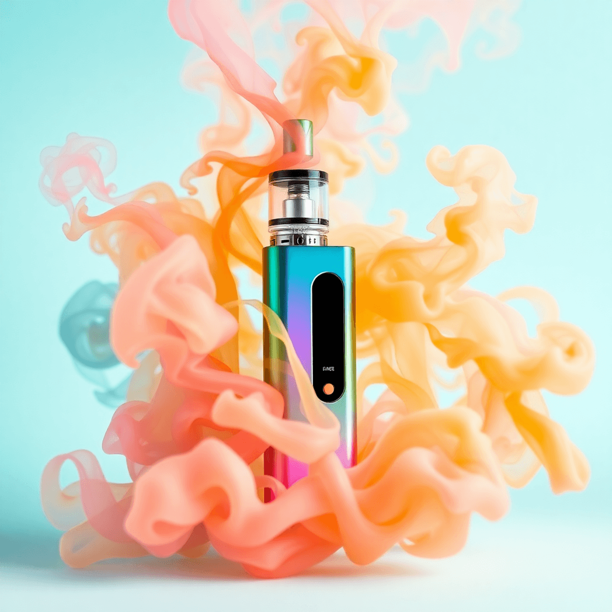 A sleek vape device emitting colorful swirling vapor clouds against a clean, bright background symbolizing fresh, nicotine-free vaping.