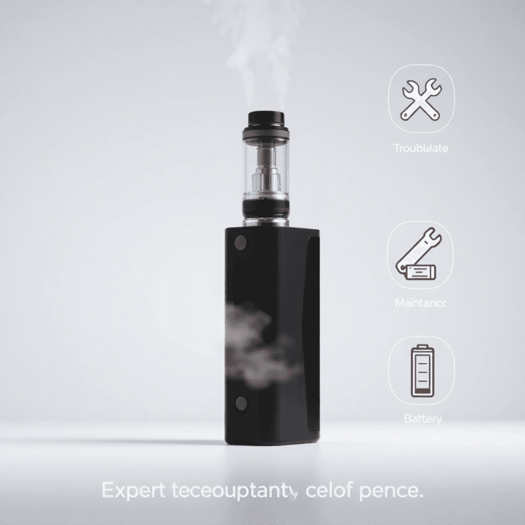 A sleek vape device emitting vapor with icons of a wrench and battery on a clean, modern background symbolizing expert vaping maintenance.