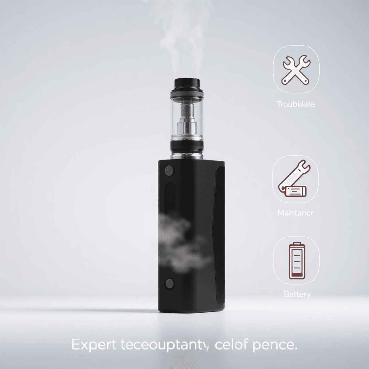 A sleek vape device emitting vapor with icons of a wrench and battery on a clean, modern background symbolizing expert vaping maintenance.