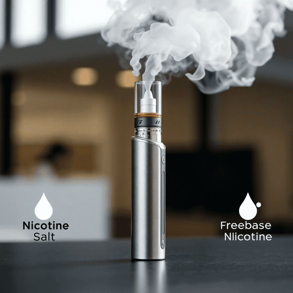A sleek vape device releasing smooth vapor clouds against a modern background with nicotine salt and freebase nicotine symbols.