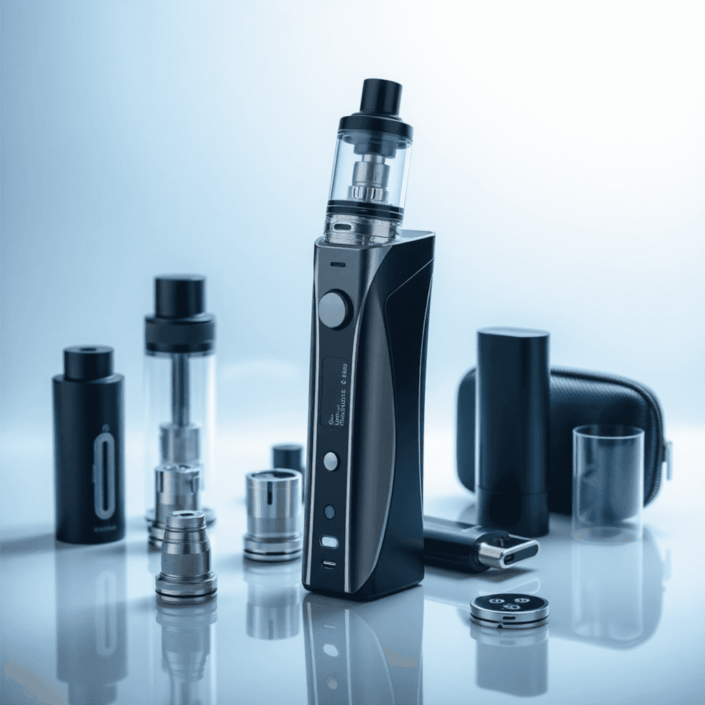 A sleek vape device with coils, chargers, and cases on a clean, futuristic background symbolizing innovation and technology.