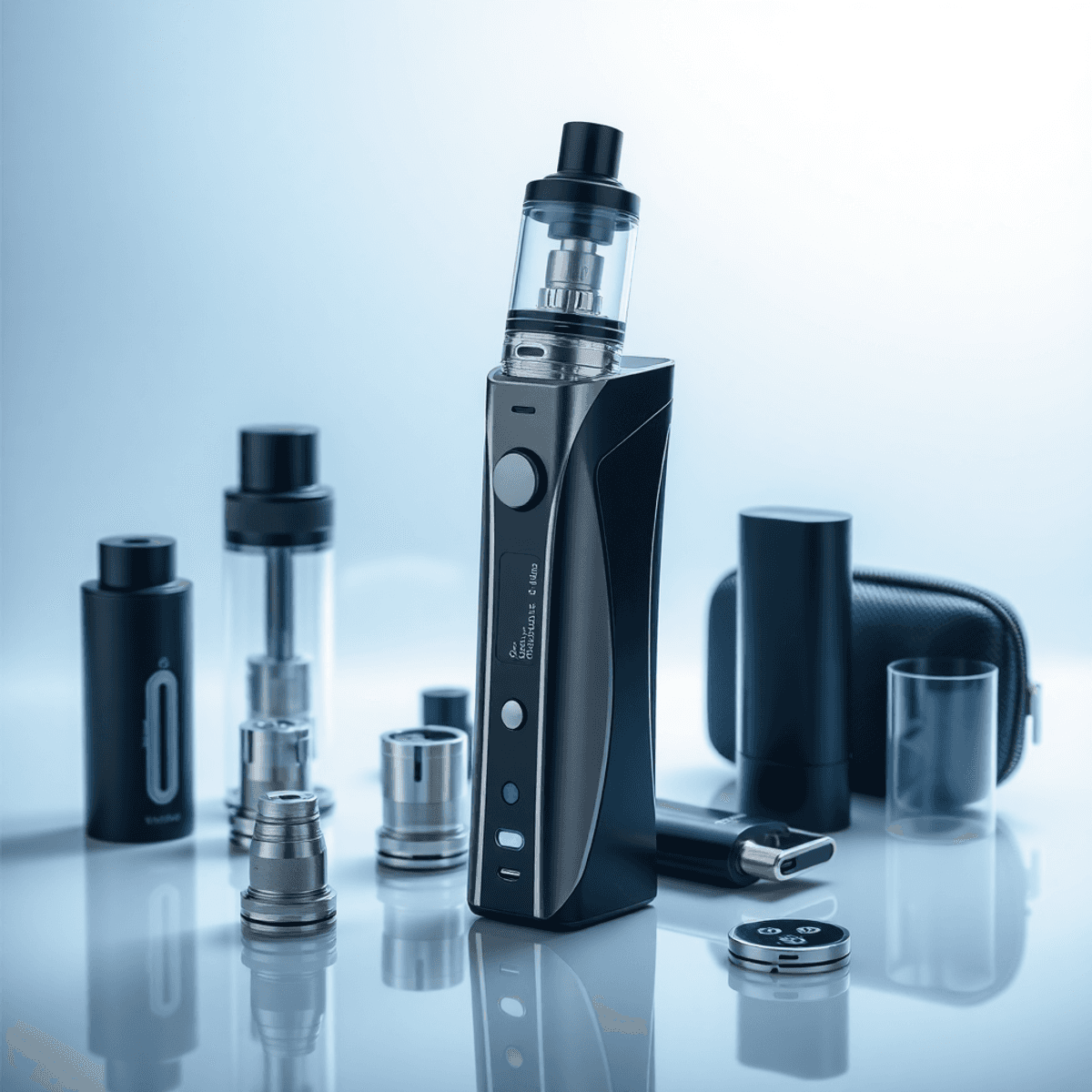 A sleek vape device with coils, chargers, and cases on a clean, futuristic background symbolizing innovation and technology.