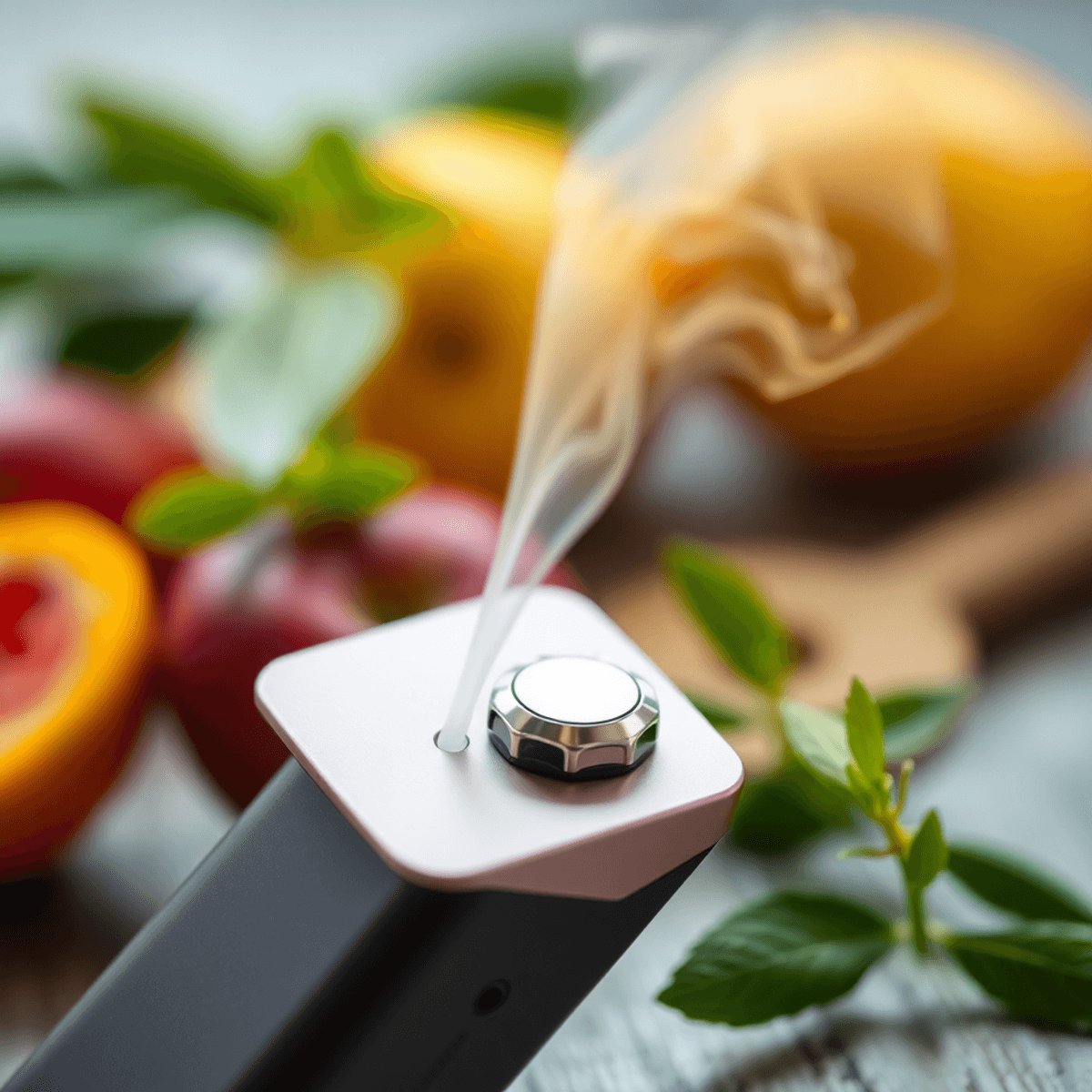 Close-up of a sleek modern vape device emitting vapor, with a soft blurred background hinting at fresh fruits and aromatic herbs.