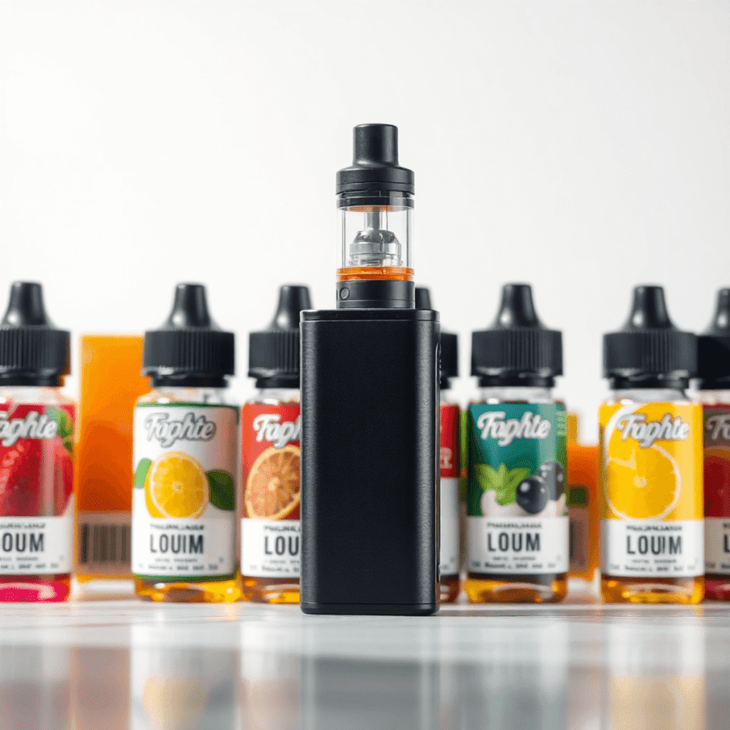Close-up of a sleek vape device beside colorful premium e-liquid bottles on a clean, modern background highlighting quality and refinement.