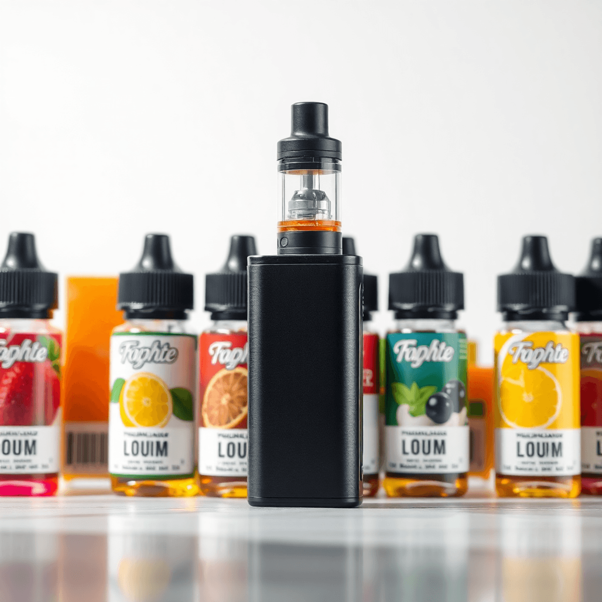 Close-up of a sleek vape device beside colorful premium e-liquid bottles on a clean, modern background highlighting quality and refinement.
