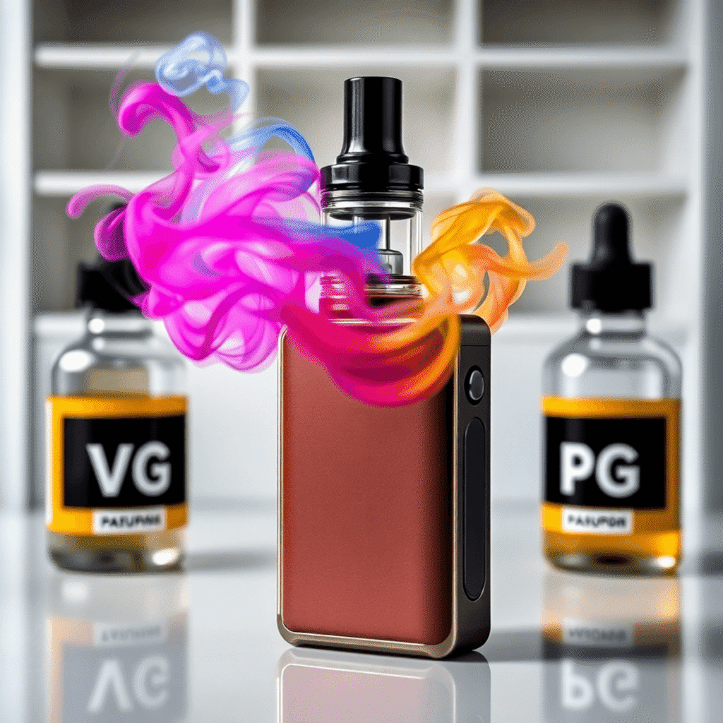 Close-up of a sleek vape device with colorful vapor clouds and bottles labeled VG and PG on a clean, modern background.