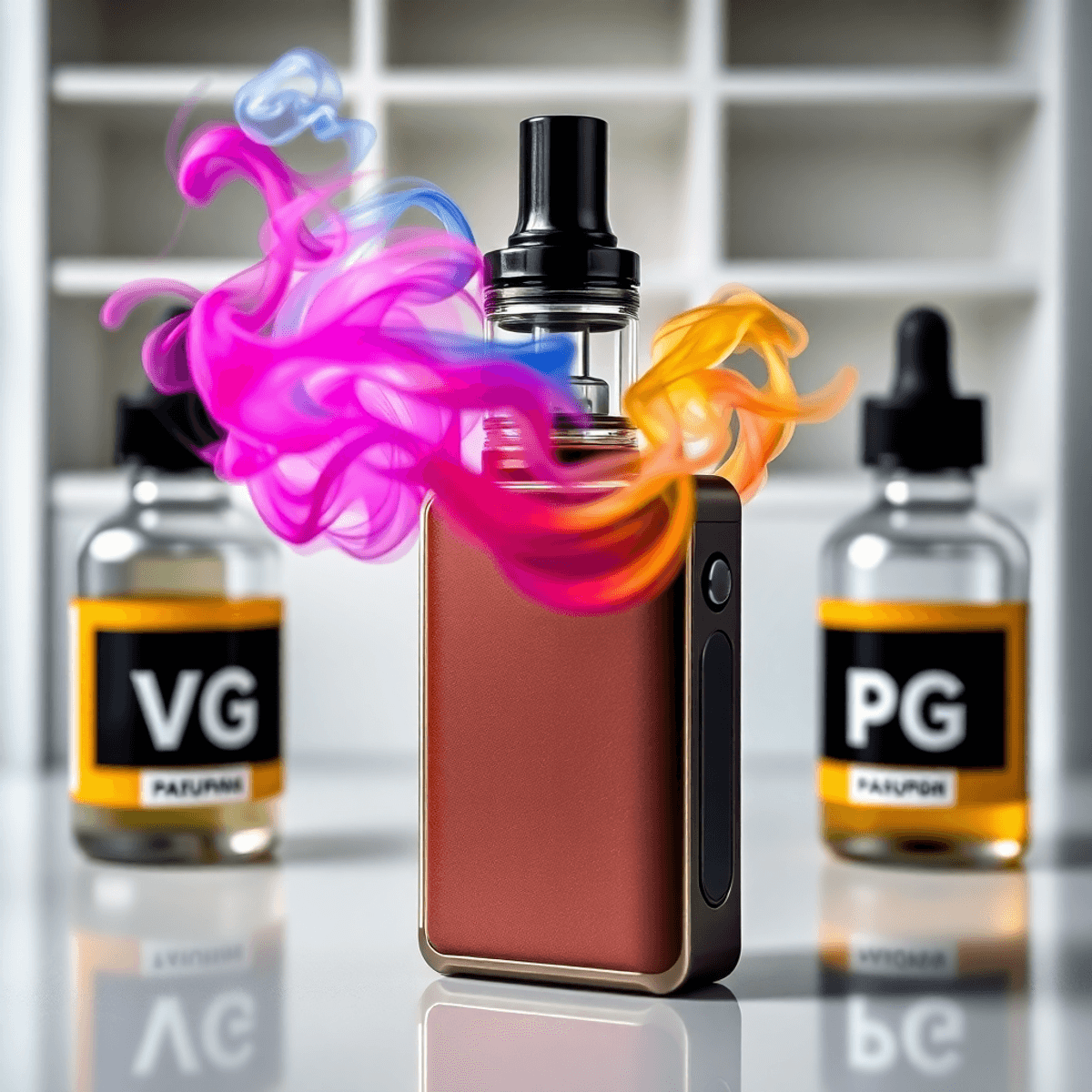 Close-up of a sleek vape device with colorful vapor clouds and bottles labeled VG and PG on a clean, modern background.