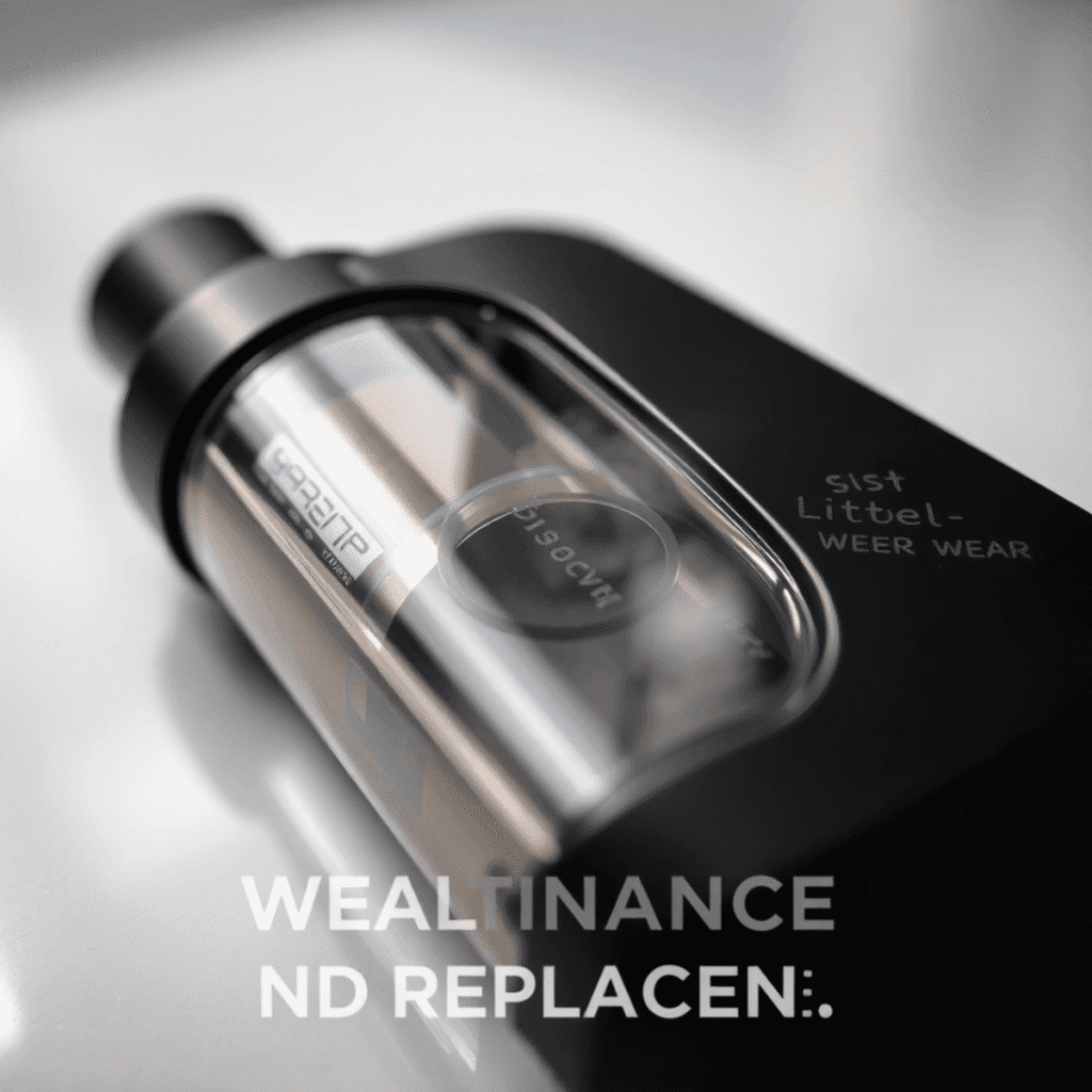 Close-up of a worn vape device with coil smoke on a clean surface, softly lit to highlight wear and maintenance details.