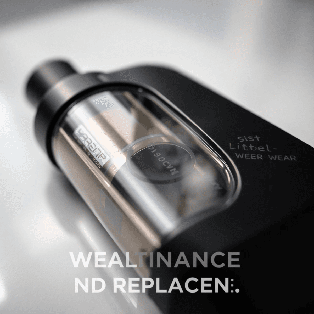 Close-up of a worn vape device with coil smoke on a clean surface, softly lit to highlight wear and maintenance details.