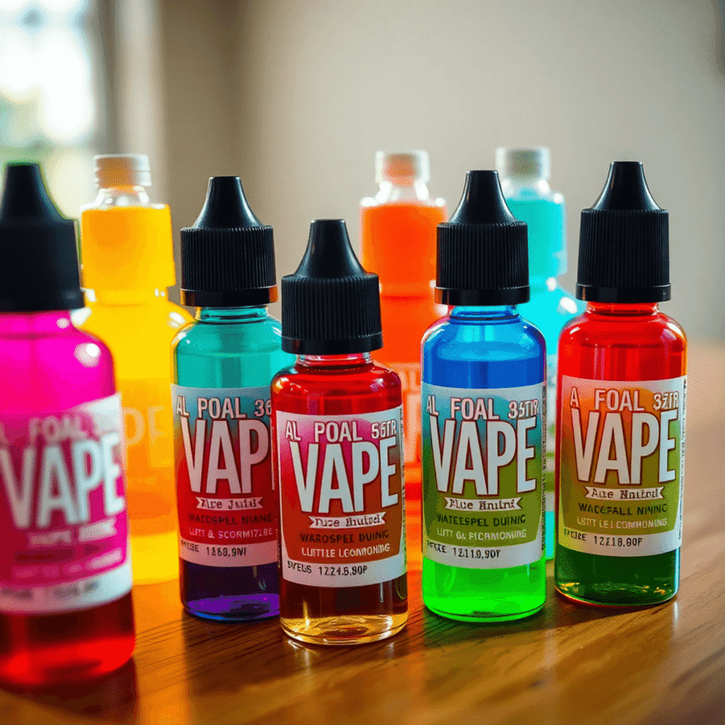 Close-up of colorful vape juice bottles arranged on wood, lit by soft natural light highlighting vibrant liquid colors.