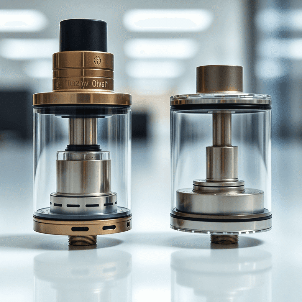 Close-up of two vape tanks side by side on a clean surface, one large Sub-Ohm tank and one smaller MTL tank, highlighted by bright modern lighting.