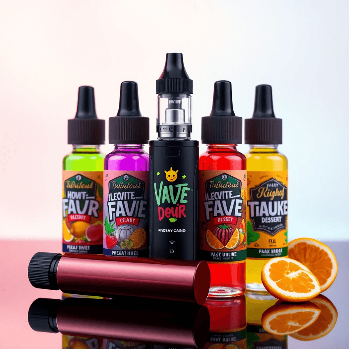 Colorful exotic e-liquid bottles with unique flavor labels on a sleek vape device against a bright, modern background symbolizing vaping innovation.