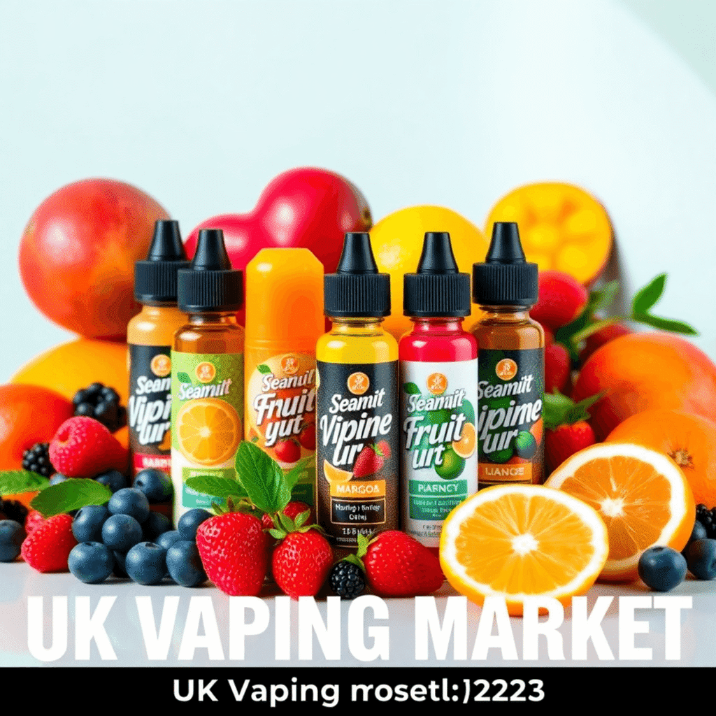 Colorful fruit-flavored e-liquid bottles surrounded by fresh berries, mangoes, and citrus on a clean, modern background.