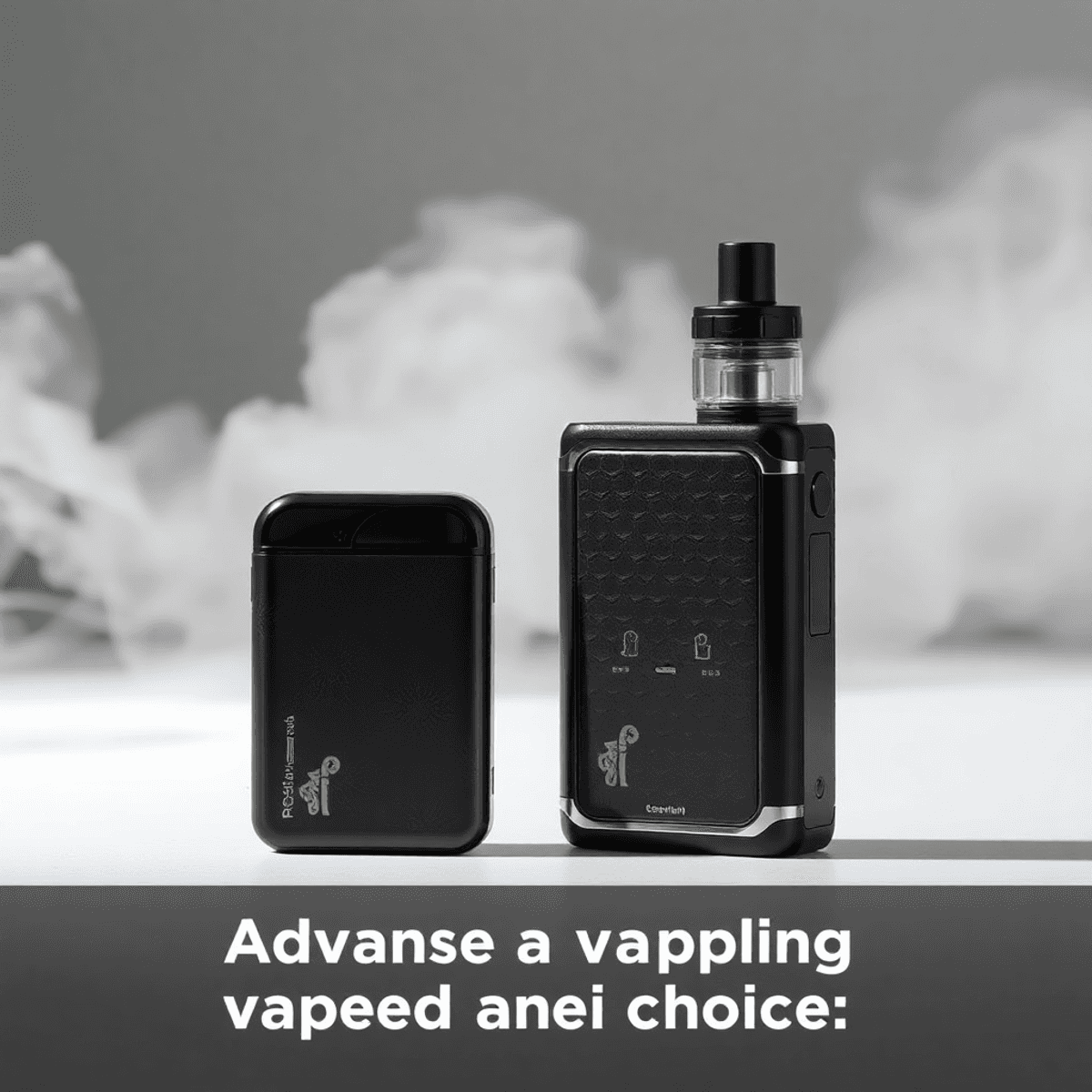 Two advanced vaping devices, a sleek pod system and a customizable box mod, sit side by side on a clean surface with subtle vape clouds behind them.