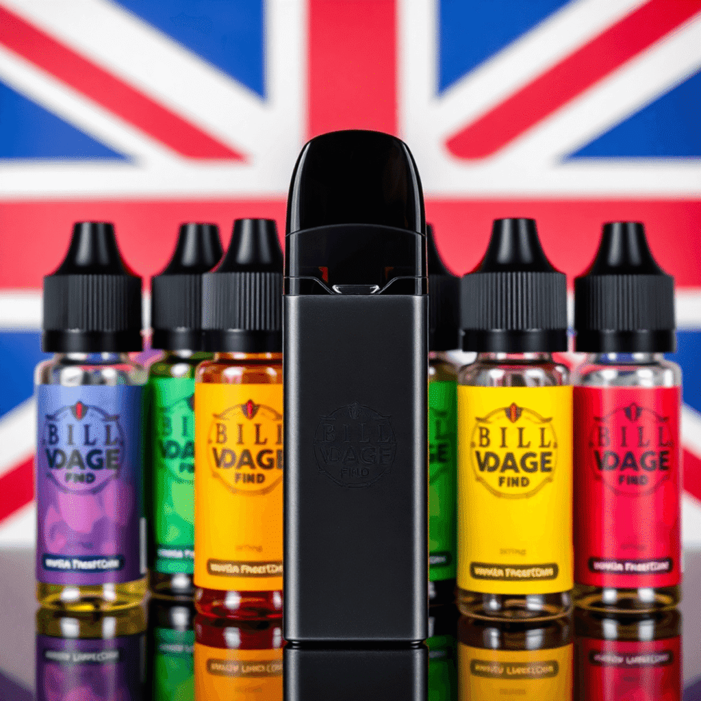 A sleek modern refillable pod vape device with colorful e-liquid bottles on a clean UK-themed background featuring subtle Union Jack colors.