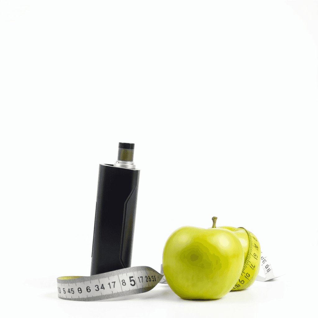 A sleek modern vape device releasing vapor with a measuring tape and a green apple nearby on a white background.