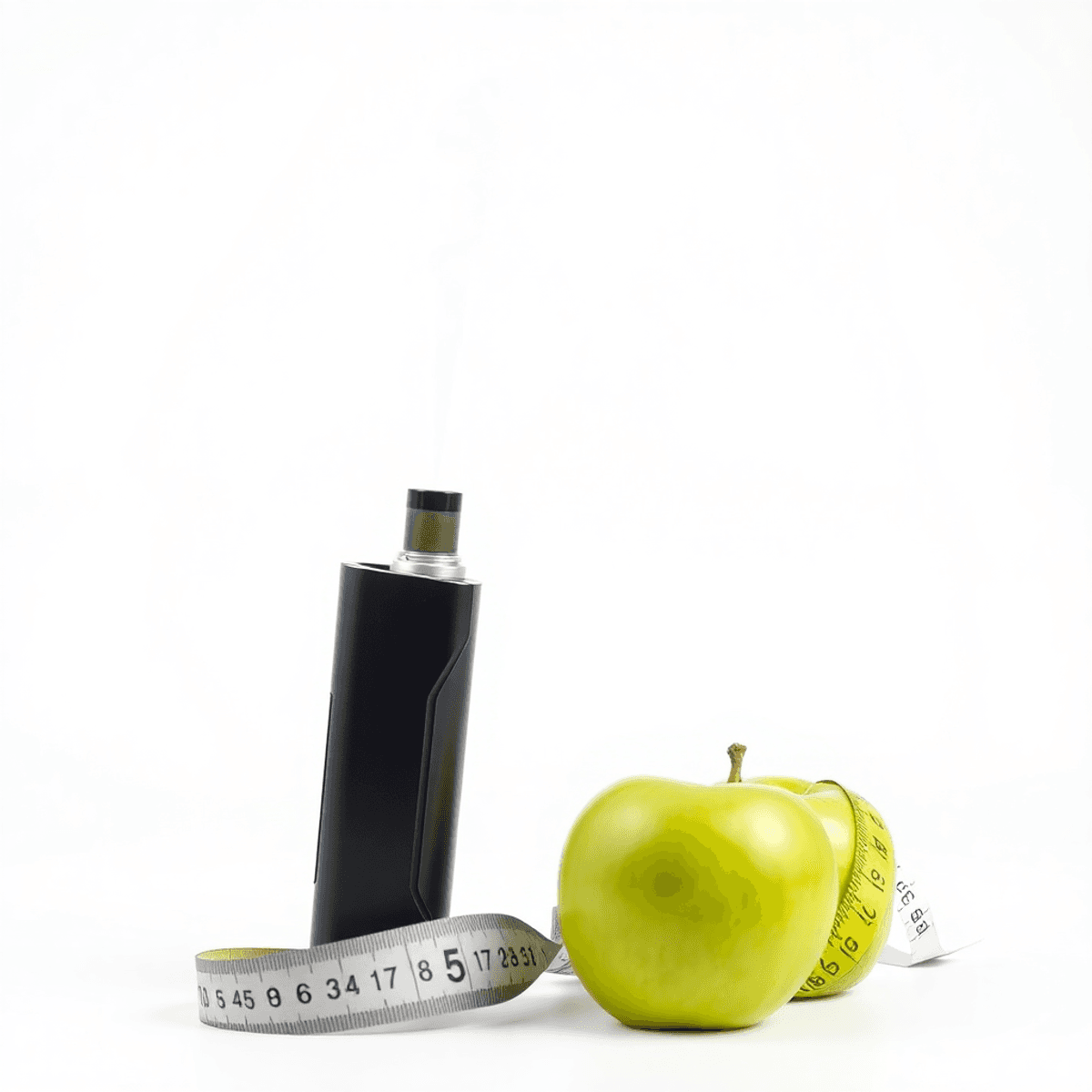 A sleek modern vape device releasing vapor with a measuring tape and a green apple nearby on a white background.