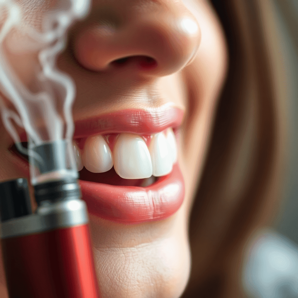 Close-up of a bright smile with white teeth next to a vaping device emitting gentle vapor.