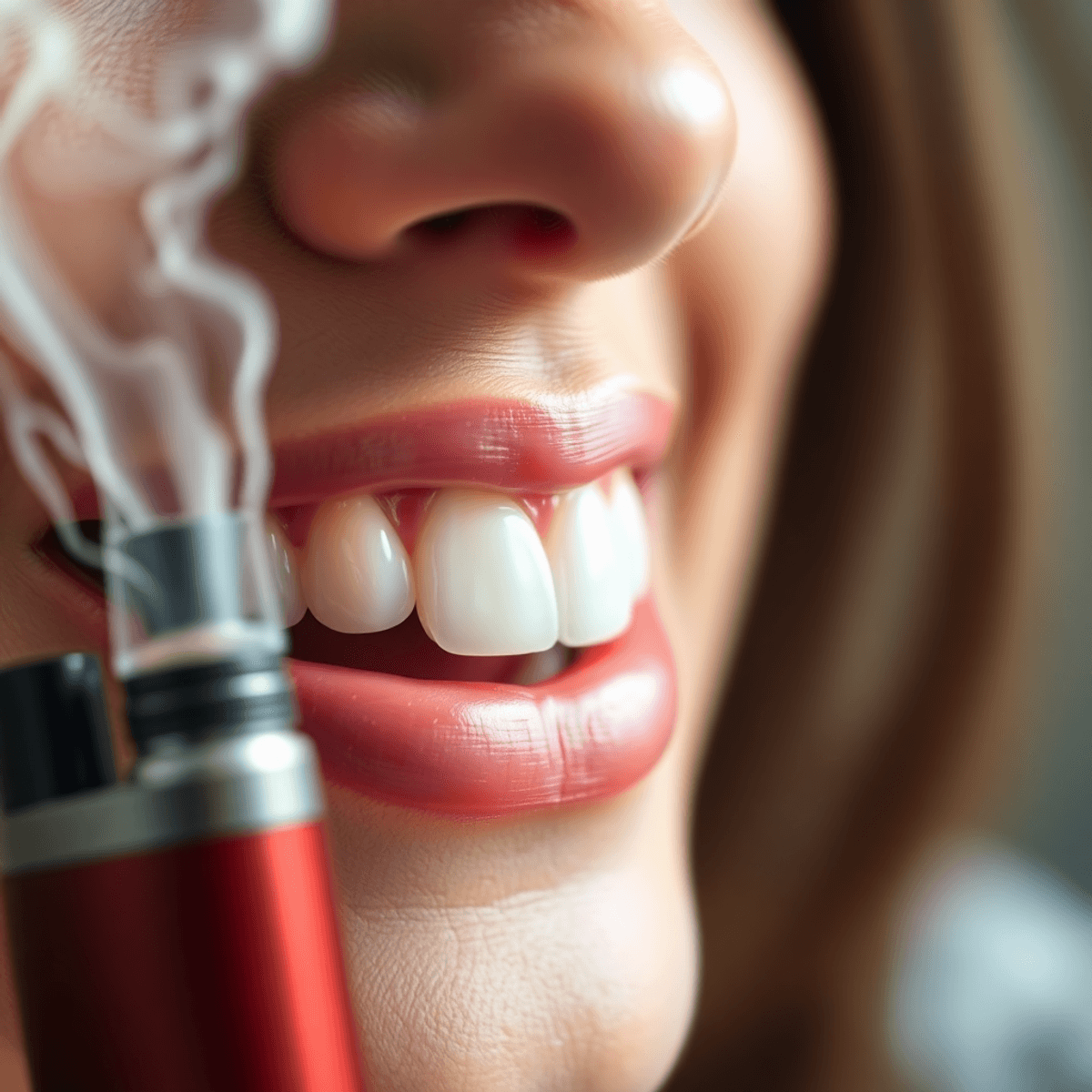 Close-up of a bright smile with white teeth next to a vaping device emitting gentle vapor.