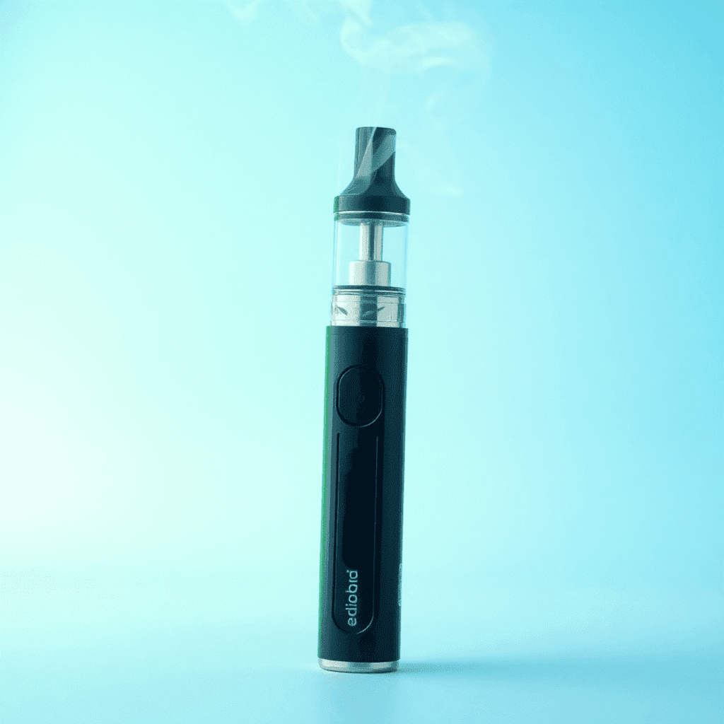 Close-up of a sleek modern vaping device with blue and green tones, set against a soft, smoke-free background.