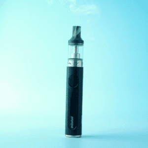 Close-up of a sleek modern vaping device with blue and green tones, set against a soft, smoke-free background.