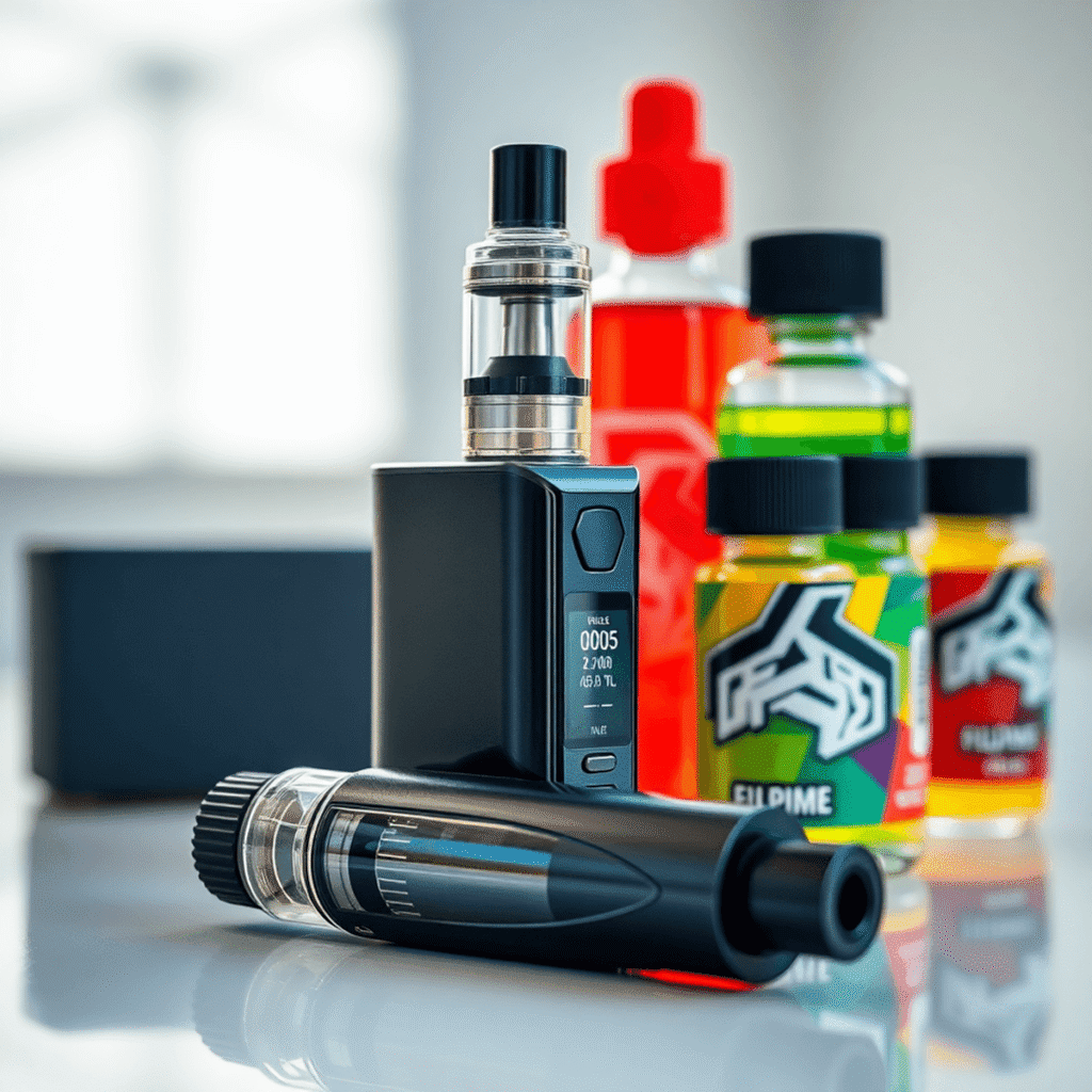 Close-up of a sleek vaping device with colorful e-liquid bottles on a clean surface, bathed in soft natural light.