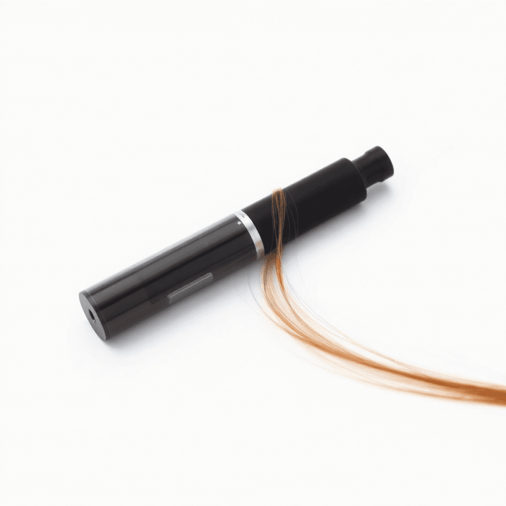 Close-up of a vape device beside a strand of hair on a white background, illustrating the link between vaping and hair health.