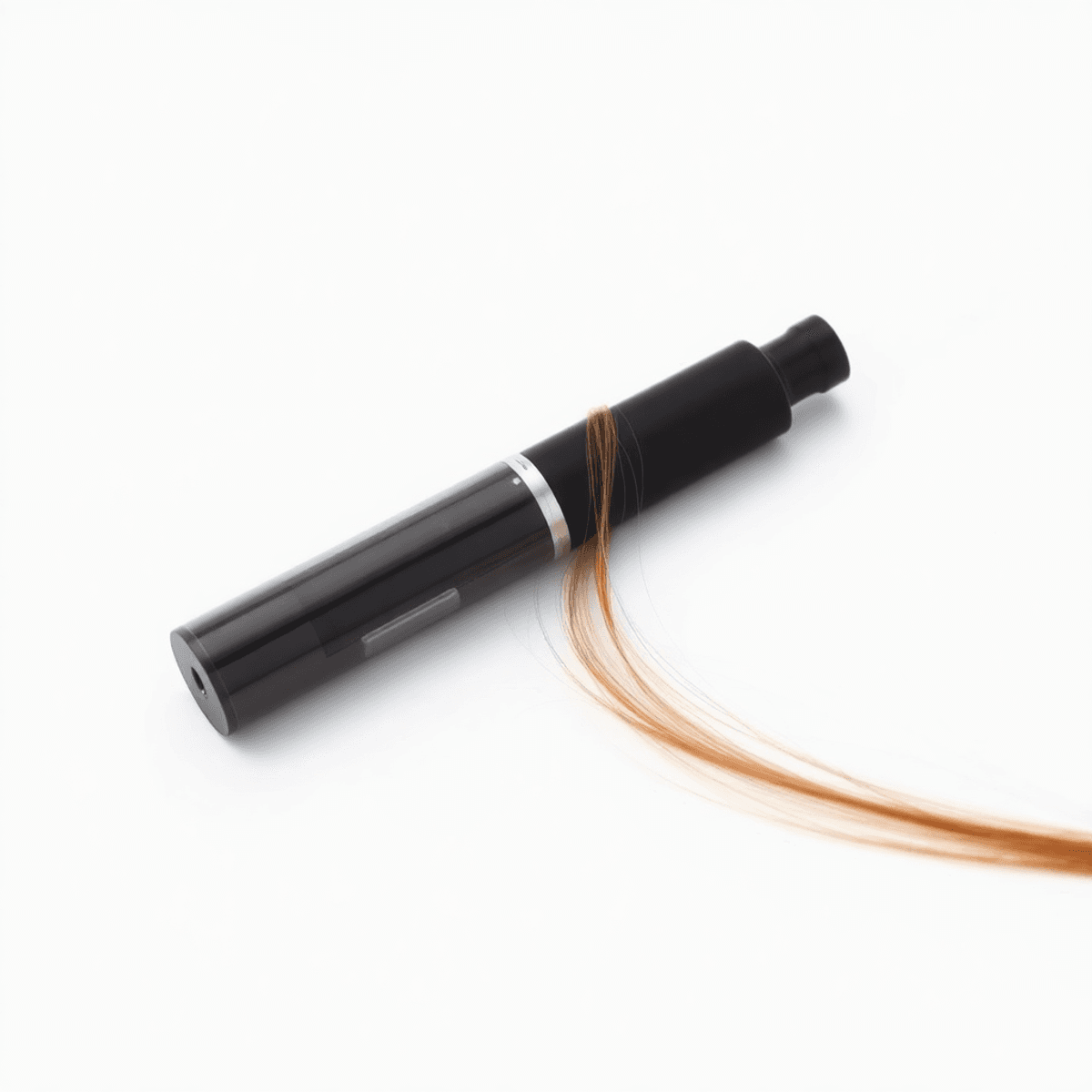 Close-up of a vape device beside a strand of hair on a white background, illustrating the link between vaping and hair health.