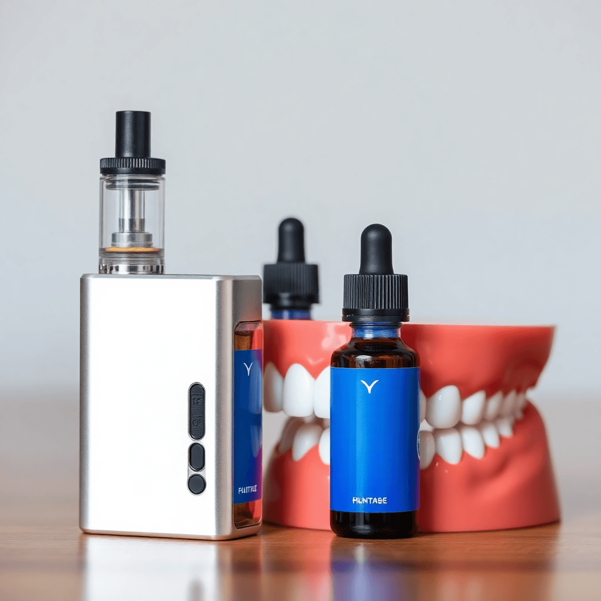 Close-up of a vaping device and e-liquid bottles beside a healthy gums and teeth model, illustrating the link between vaping and oral health.