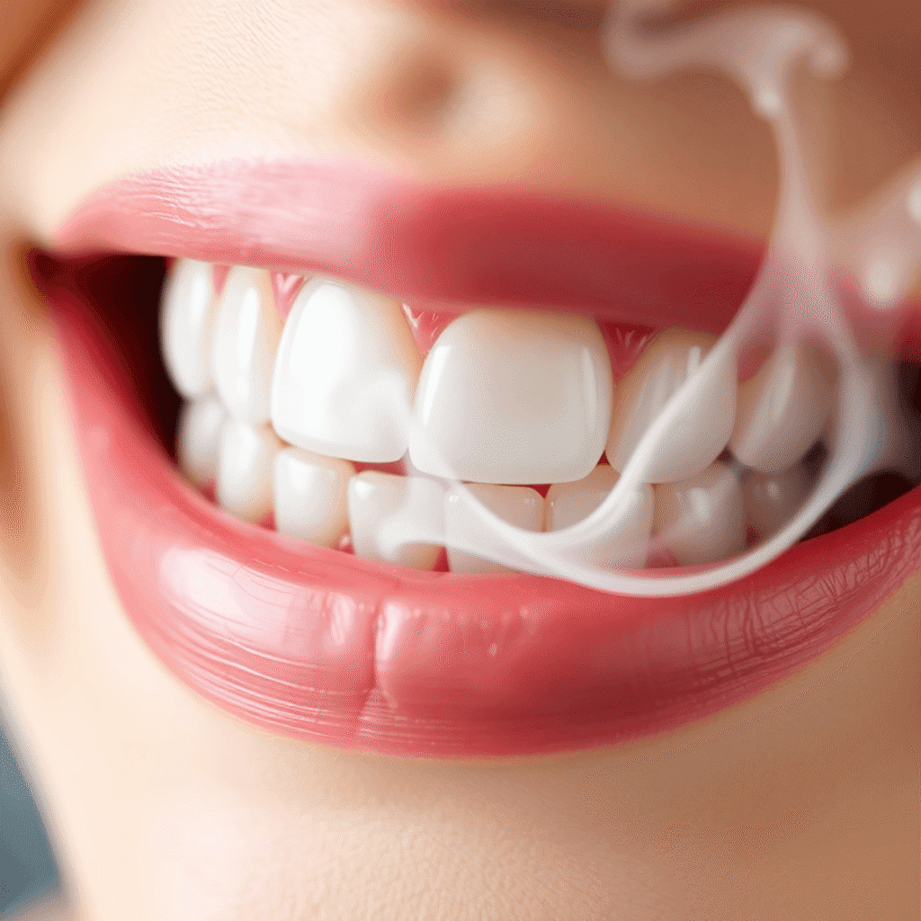 Close-up of clean teeth with soft vapor mist swirling around, highlighting the contrast between oral hygiene and vaping effects.