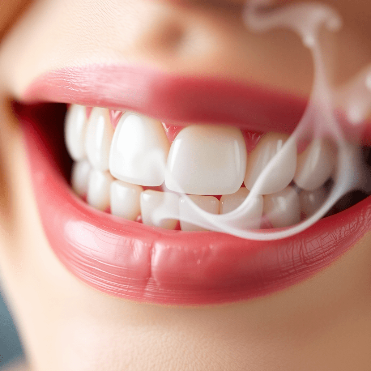 Close-up of clean teeth with soft vapor mist swirling around, highlighting the contrast between oral hygiene and vaping effects.